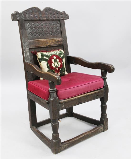 A 17th century and later oak wainscott chair, H.3ft 5in.